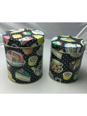 Vintage Department 56 Tea Party Nesting Set Cylinder Tins Polka Dot Cake Design